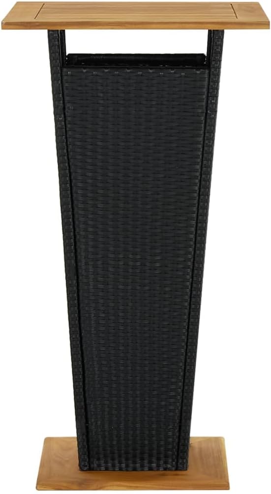 Black PE Rattan Medium Square Modern Bar Table with Solid Acacia Wood Top and Powder-Coated Steel Frame for Outdoor Patio Garden Use