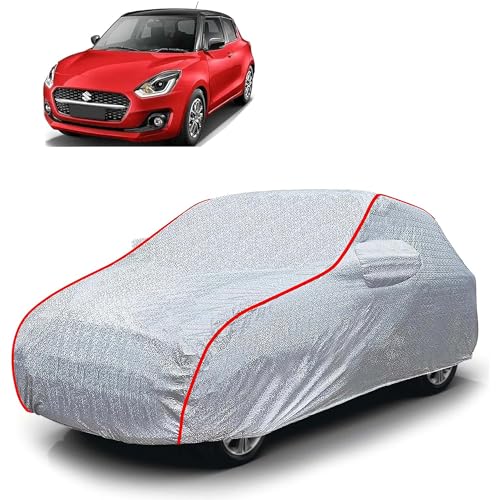 Image of Sulfar 100% Waterproof Car Body Cover Compatible with Mirror for Maruti Suzuki New Swift (Triple Stitched, Full Bottom Elastic, Magic Silver with Red Piping)
