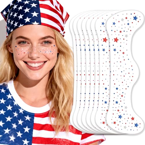 Paminify 4th of July Red White Blue Glitter Freckles Face Tattoos Patriotic Star Face Tattoo July 4th Accessories for Women Independence Day USA Face Sparkles Makeup 8 PCS