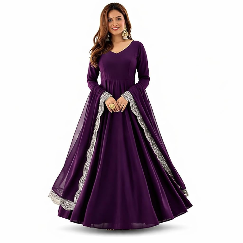 Solid Georgette Anarkali Gown for Women | Wine Sakhi Stitched Long Gown | Sweetheart Neck Full Sleeve Anarkali Dress with Row Silk Lining | GW-DF-1-Sakhi-image-9