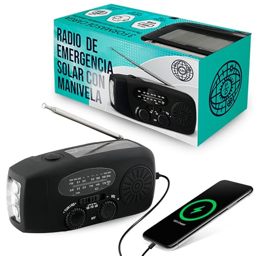 3JG® Radio Solar de Emergencia con Manivela, FM/Am, Linterna LED, Cargador de Móviles USB, Batería Recargable 2000mAh, Carga Solar y Manual, Compacta y Portátil para Camping y Supervivencia