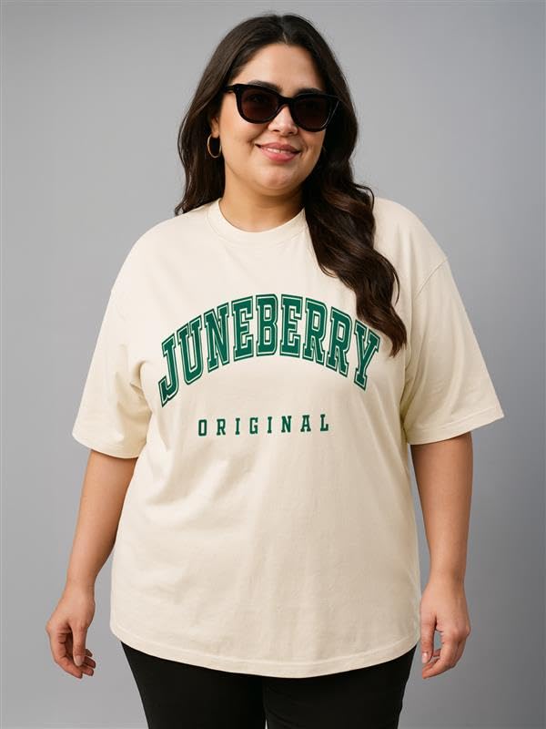 Image of JUNEBERRY 100% Pure Cotton Oversized Baggy Fit Cool Front Chest Graphic Printed Half Sleeve Plus Size T-Shirt for Women & Girls (Sizes: 2XL to 5XL)