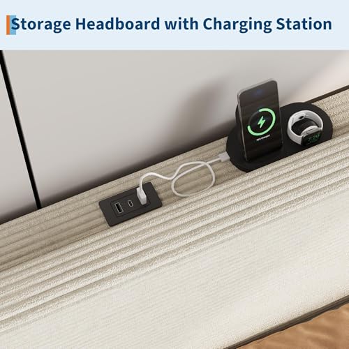 Image of GarveeLife Corduroy Upholstered Platform Bed Frame with USB Charging Station, Adjustable Storage Headboard, Wooden Slat Support, No Box Spring Needed, Easy Assembly,Twin Beige