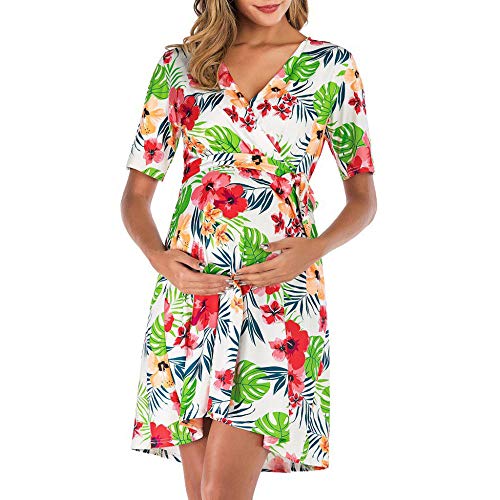 Preisvergleich Produktbild OKHGF Damenkleider Umstandskleider Schwangere Tiefe V-Ausschnitt Blumendruck Schärpe Stillen Kleidung Langes Kleid Schwangerschaftskleid-Weiß_XL