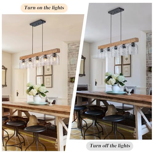 Image of 43.3 inch Farmhouse Linear Chandelier 5 Light Wood Linear Pendant Light with Hammered Glass Shades Rustic Dining Room Light Fixture Over Table Kitchen Island