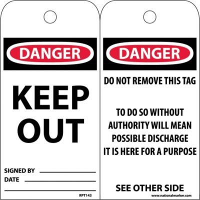 NMC RPT143 "Danger - Keep Out Accident Prevention Tag, Unrippable Vinyl, 3" Length, 6" Height, Black/Red on White (Pack of 25)