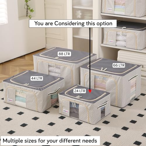 Image of HOKIPO Wardrobe Organizer Storage Box | Foldable Cloth Storage Boxes with Metal Frame & Window | 600D Oxford Fabric | 24L, Pack of 1 Cream Mist (AR-5927-OWHT)