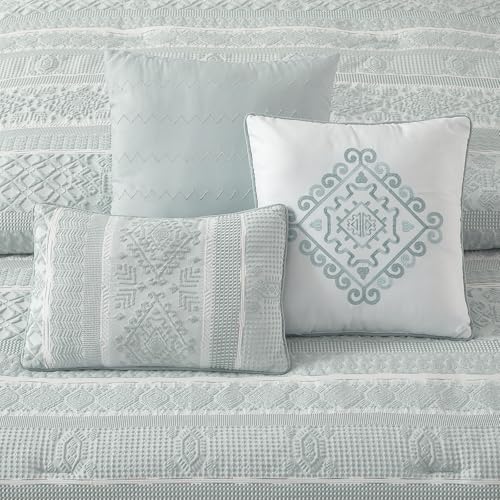Image of LANCO MODERN LIFESTYLE 7 Piece King Comforter Set, Dusty Green, Elegant Jacquard with Patchwork, Stylish and Cozy Bedding Collection, Premium Bedding Set with Bedskirt, Shams and Pillows