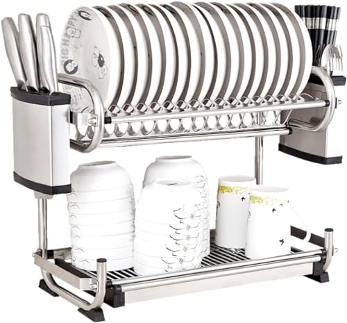Escurridor de platos de 2 niveles, estante de acero inoxidable para organización de almacenamiento de cocina con soporte para palillos, estante organizador de utensilios (plateado, 59 x 25 x 40 cm)