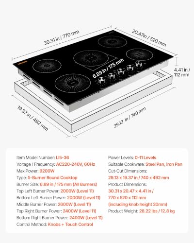 Image of VEVOR Induction Cooktop 30inch 5 Burners Built-in Electric Stove 220V 9200W, Induction Burner for Kitchen, with 11 Power Levels, Knob Control, Ceramic Glass Surface, Child Lock