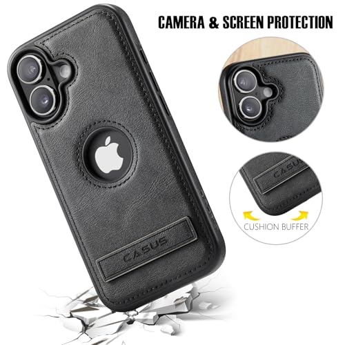 Image of Casus for iPhone 17 Case with MagSafe, Slim Kickstand Vegan Leather Protective Cover with Tempered Glass Screen Protector, 6.3 Inch (2025), Black