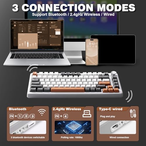 Image of YUNZII B75 PRO Wireless Mechanical Keyboard,75% Layout with Knob,Hot Swap Gasket Custom Structure,Creamy Pre-lubed Switches,RGB Backlit,Bluetooth /Type-C /2.4G for Win /Mac(Milk Switch,Grey)