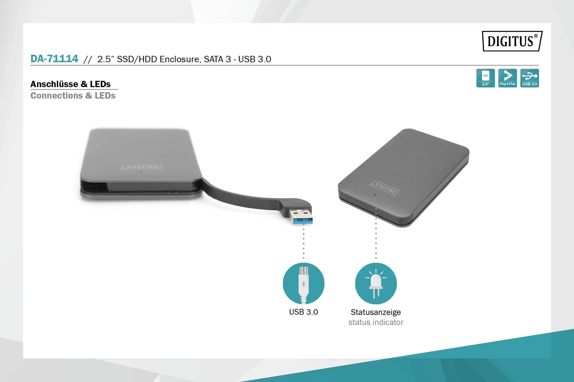 DIGITUS - DA-71114 - Festplattengehäuse SSD/HDD - 2,5" - USB 3.0 - SATA III - bis zu 2 TB - schwarz