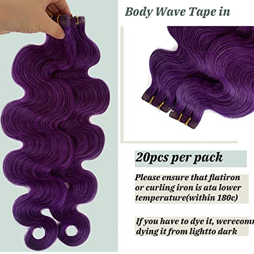 Wave Purple Hair Extensions Tape In Body Wave Human Hair Extensions For Women,18Inch Purple Remy Human Hair Extensions 40Grams 20Pcs Seamless Colored Extensions Tape Ins #TOP4