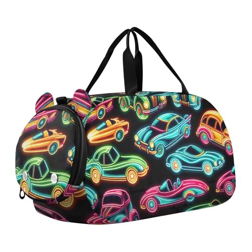 Neon Cars Duffle Bag for Girl, Sports Duffle Gym Bags with Shoe Compartment, Personalized Overnight Bag Travel Weekender for Kids
