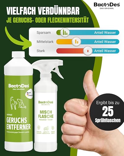 BactoDes Animal Geruchsneutralisierer 1L I Enzymreiniger mit biologischer Mikrobenkraft & Tiefenwirkung inkl. Spray-Mischflasche I Effektiver Geruchsentferner gegen Tierurin & starke Gerüche