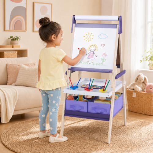 HONEY JOY Art Easel for Kids, 3-in-1 Double-Sided Wooden Toddler Easel w/Magnetic White Board & Chalkboard, Paper Roll, 2 Storage Bins, Painting Dry Erase, Kids Easel for Boys Girls Aged 3-6, Purple - Image 2
