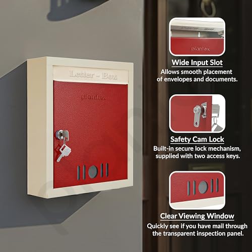 Image of Plantex Wall Mount A4 Size Letter Box - Mail Box /Letter Box for Home gate with Key Lock (Red & Ivory)