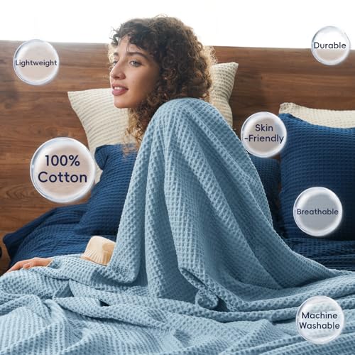 Image of PHF 100% Cotton Waffle Throw Blanket Lightweight Breathable, Dusty Blue | Pre-washed Soft Cozy Summer Throw for Hot Sleepers, Textured Decorative Layer for Bed Couch Sofa Guest Room, Giftable