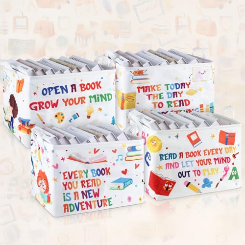 Image of Domensi 4 Pcs Back to School Collapsible Book Bins Reading Book Basket 15.7 x 11.8 x 11.8 Inches Cartoon Kids Books Bin Storage for Classroom Library Nursery Room Rectangle Storage Bin Bedroom Toy