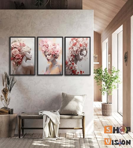 Kit 3 Quadro Decorativo Mulher Cabeça De Flor Flores Rosa Branco