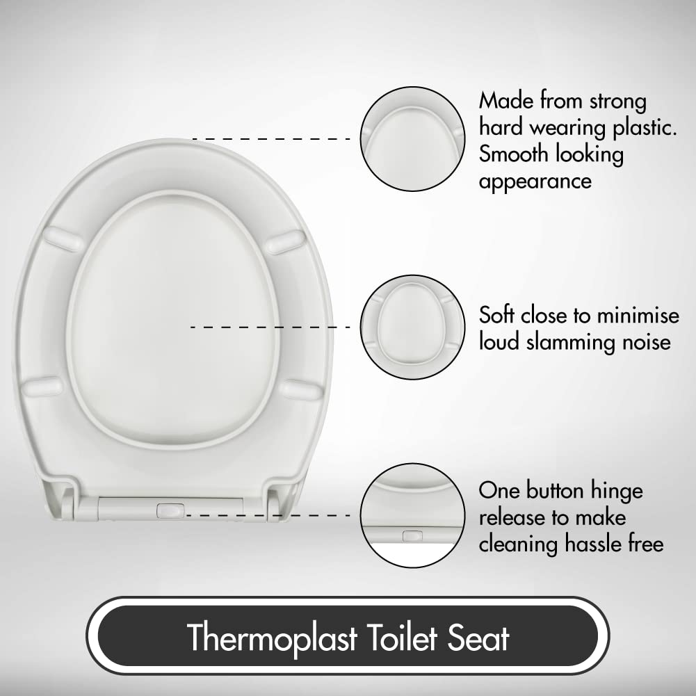 AQUALONA® Premium Thermoplastic Toilet Seat Soft Close Hardwearing Seat with One Button Hinge Release Oval Shaped Easy to Clean Simple Installation Top and Bottom Fittings (White - Image 2