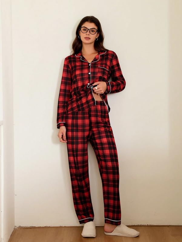 Image of Night Suit for Women with Full Sleeve Button-Down Top with Pant Dress for Woman,Night Dress for Woman, Two-Piece Loungewear Set
