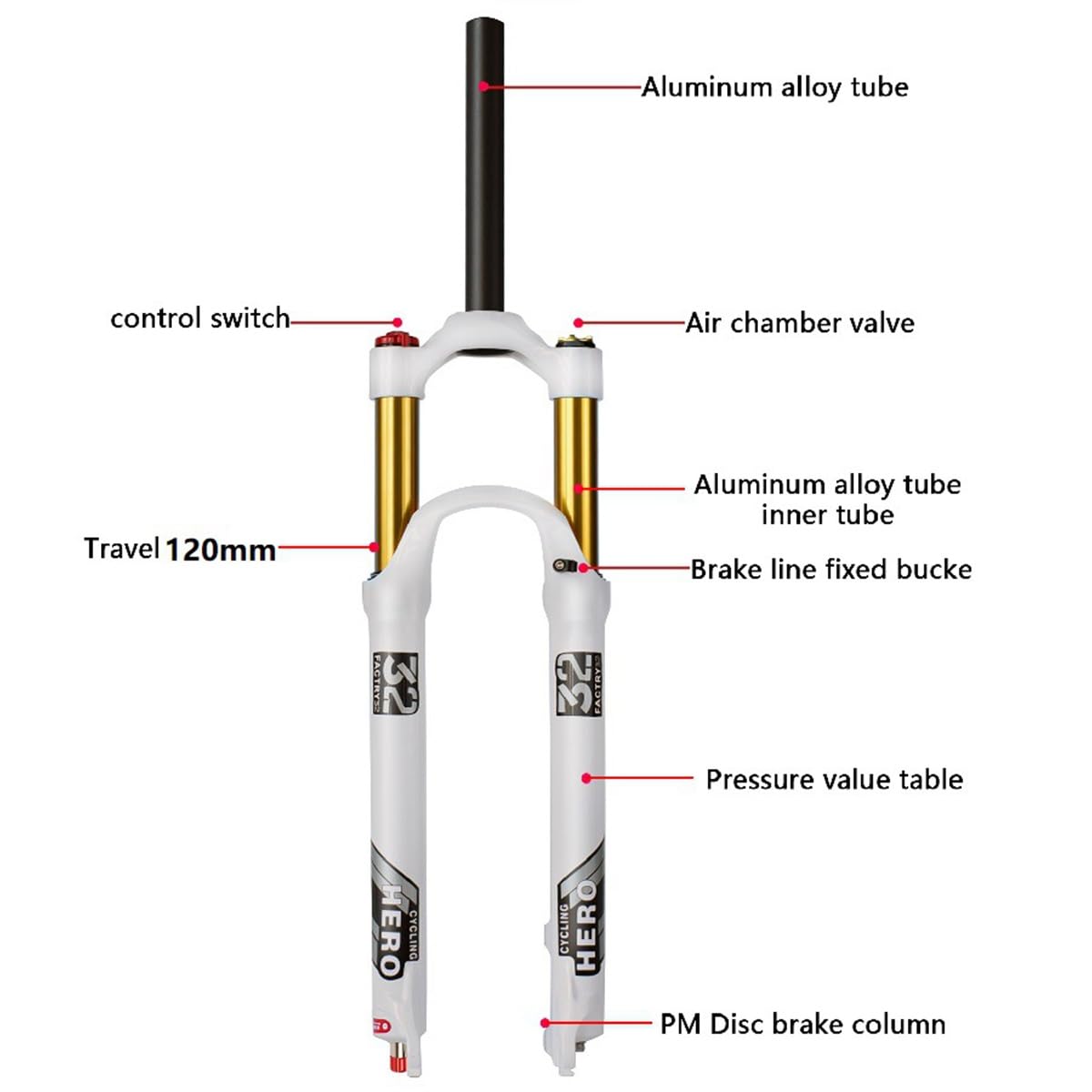 Forcella Anteriore per Bicicletta MTB Ultraleggera, sterzo Dritto, Ammortizzazione ad Aria da 1-1/8 per Mountain Bike, SXSHEYSs, 26, 27,5, 29 Pollici, Escursione 120 mm, sgancio rapido 100 * 9
