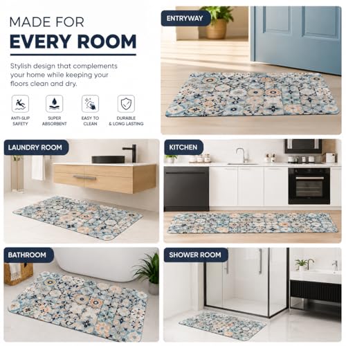 Image of VERVENIX 2 Pcs Kitchen Mat Set - Anti-Slip Waterproof Floor Mats for Kitchen, Sink & Laundry - Soft Cushioned Rugs with Vintage Tile Print Design (120x40 cm + 40x60 cm)