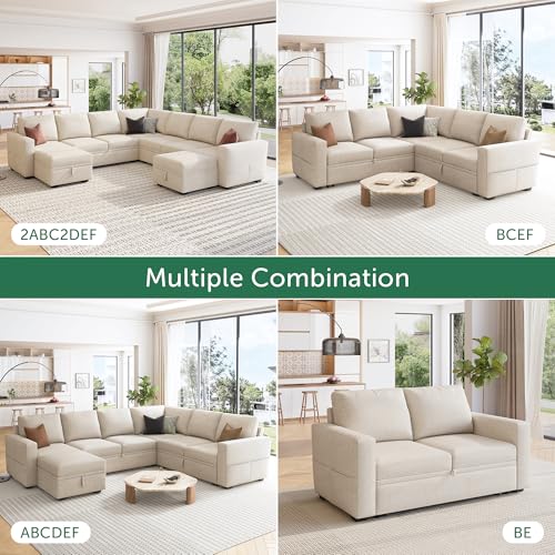 Image of HONBAY Modular Sectional Sleeper Sofa with Pull Out Bed, L Shaped Couch with Storage Seat, Convertible Sectional Couches for Living Room, Beige