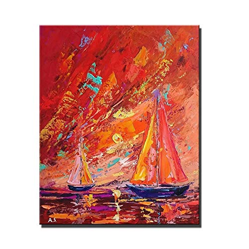 Peinture à l'huile grand voilier abstrait tableau moderne mer rouge et or sur toile