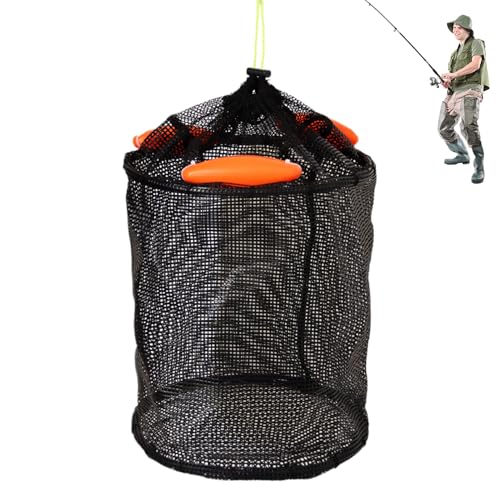 Bolsa de malla flotante de 35 x 70 cm, soporte de red ligero, jaula plegable, cierre de cordón seguro, solución de retención de agua dulce, transportador portátil plegable para pesca en canoa, arroyos