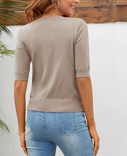 Image of Women Summer Knit Shirt Blouse V Neck Short Sleeve Pullover Sweater Tops