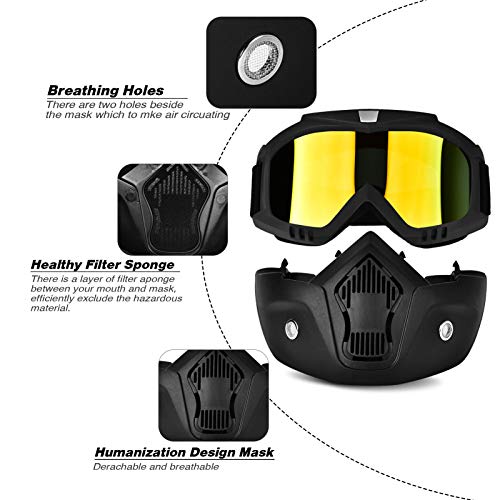 BOLLFO Motorcycle Goggle Mask,Protective Glasses with Detachable Mask for Cycling,Skiing,Paintball,Riding,Snowmobile,Halloween and Costume Ball Adjustable Windproof Outdoor Anti-Fog Face Mask
