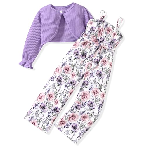 Toddler Little Girl 2 Piece Outfits Long Sleeve Ribbed Knitted Cardigan And Sleeveless Jumpsuit