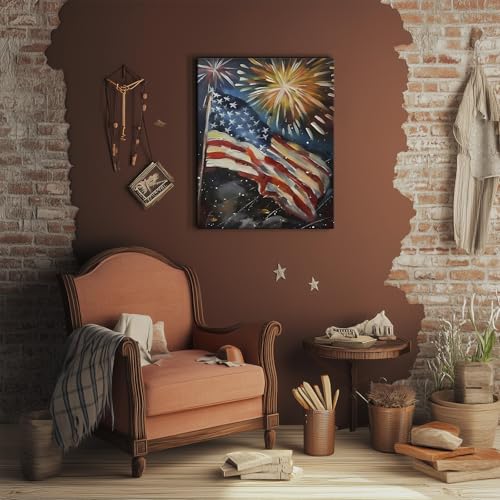Image of 4 of July Canvas Wall Art, Fireworks and American Flag Painting, Patriotic Night Scene Poster Print, Memorial Day Independence Celebration Framed Artwork for Living Room and Office Decor 24x30inch