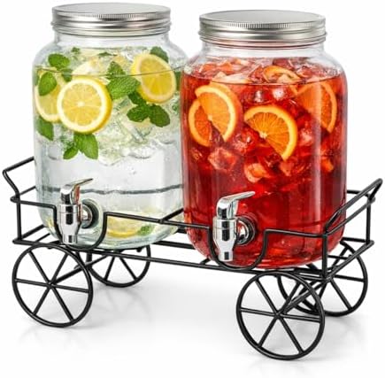 Set 2 Dispenser in Vetro per Bevande 4L con Rubinetto e Supporto, Erogatori per Succhi, Cocktail, Limonata per Feste, Picnic e Barbecue