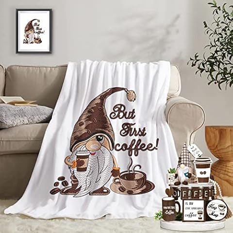 Ivarunner Coffee Gnome Blanket - Christmas Birthday Gnome Gifts for Women, Soft Fuzzy But First Coffee Theme Throw Blanket for Gnome Lover, Friend, Co-Worker, Girls, Kids, 60''x50'' Cover