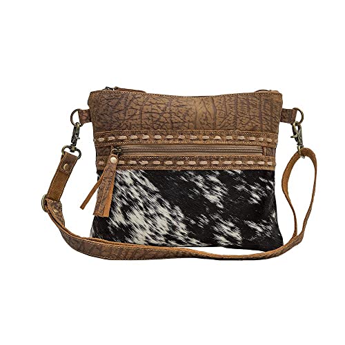 Myra Diaz Cowhide Purse - Black and White Cowhide Purses with Brown Tooled Leather Design, Adjustable Shoulder Strap