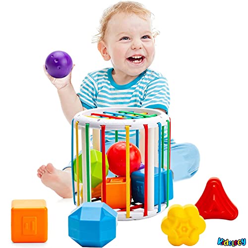 Image of Kidology Baby Cylindrical Shape Sorting Toy | Montessori Sensory Toys with 6 Blocks Colorful Cube | Shape Sorting Bin with Elastic Bands Fine Motor Skill Early Learning Preschool Educational
