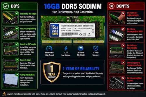 Image of 16GB DDR5 5600MHz OEM Laptop RAM Compatible with Samsung [Key Specs: PC5-44800 /5600B | 262-Pin SO-DIMM | CL46 | 1Rx8 | 1.1V | Non-ECC] | 1 Year Seller Warranty