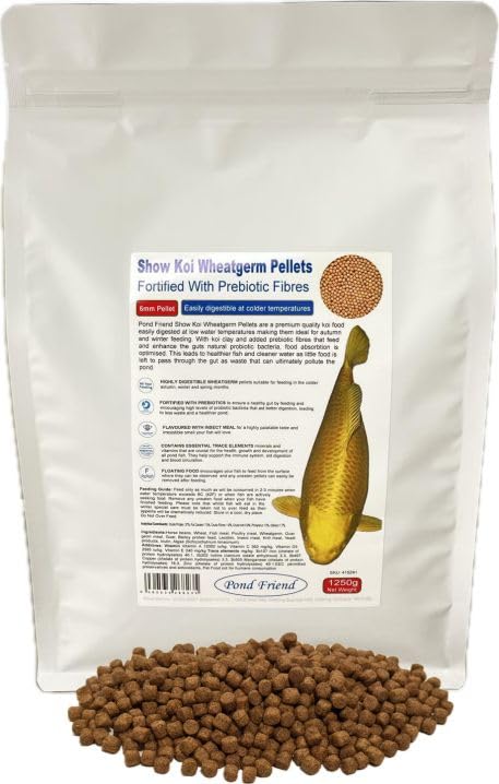 Pond Friend Show Koi Wheatgerm Pellets Autumn Winter & Spring Low Temperature Food 6mm 1250g With Prebiotics To Aid Digestion & Immune System Increase Probiotic Bacteria Gut Health