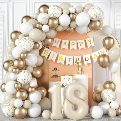 Image of 18th Birthday Decorations for Girls Sand White Gold Balloons Arch Kit with Cream Number Foil Balloon Happy Birthday Bunting Banner Boho Beige White Metallic Champagne Gold Party Decor for 18 Years Old
