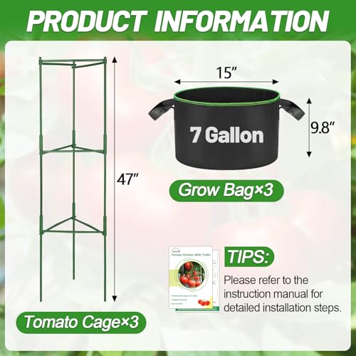 Image of ANPHSIN Sturdy Triangle Tomato Cage with Movable 7 Gal Grow Bags, 3 Sets | 47'' Plants Garden Trellis Planters, Support for Indoor Outdoor Beans, Peppers, Eggplants, Climbing Vegetables