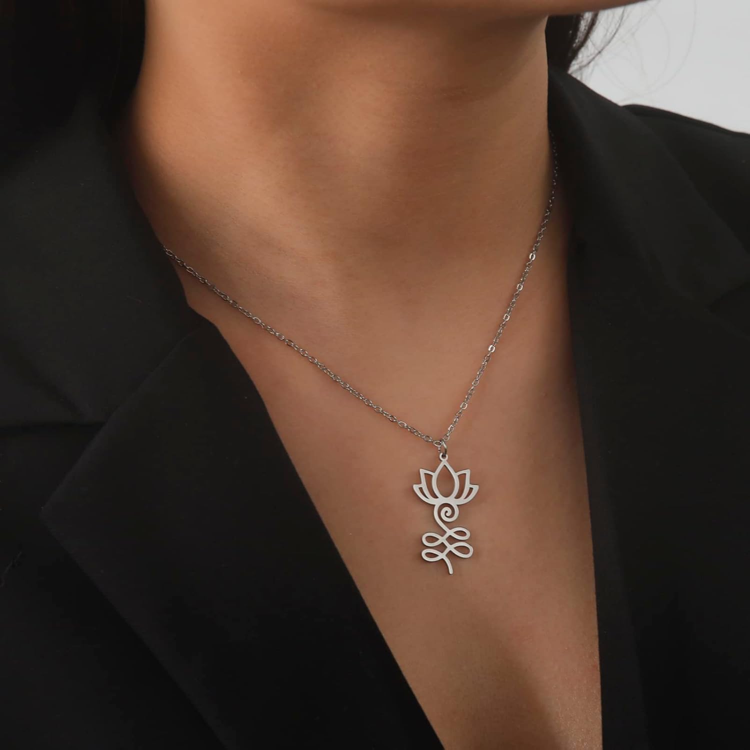 VASSAGO Buddha Lotus Necklace for Women Yoga Healing Pendant Stainless Steel Flower Necklace Buddhist Necklace Unalome Symbol Amulet Religious Jewelry - Image 3