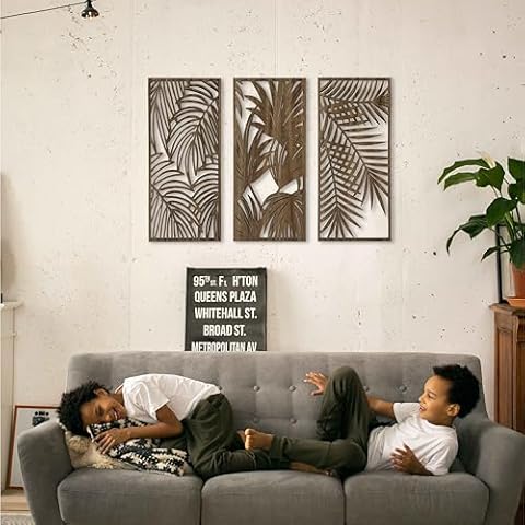 Tropical Leaves Wood Wall Art for Living Room, Botanical Wall Art Wood Panel, Floral Wall Art Decor Over the Bed Set of 3, Gift for the Home Decor Cover