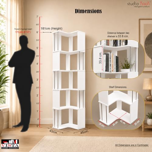 Image of Studio Kook Vista Engineered Wood Corner Bookshelf | Bookcase (Matte Finish) (Moonshine White)