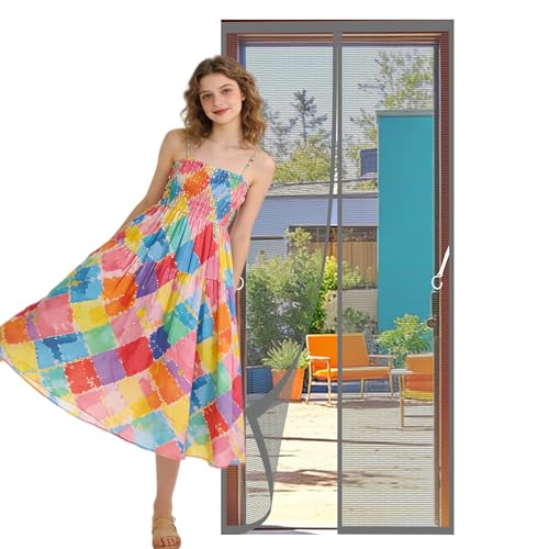 Cortina Mosquiteras para Puerta 93 x 237 cm Se Cierra Automáticamente Cortina Magnética No Requiere Herramientas, Fácil de Instalar para Puertas de Patio y Balconeras, Gris