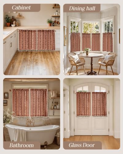 Image of Miss Adola Boho Kitchen Curtains - 36 Inch Length Linen Blend Floral Burnt Orange Cafe Curtains Tassels Tier Curtain Short Drapes Rod Pocket for Bathroom Living Room Windows Light Filtering, 2 Panels