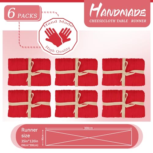 YMHPRIDE 6 Packs Cheesecloth Table Runner Red, 55x300cm Rustic Gauze Fabric Boho Table Runner - Image 2